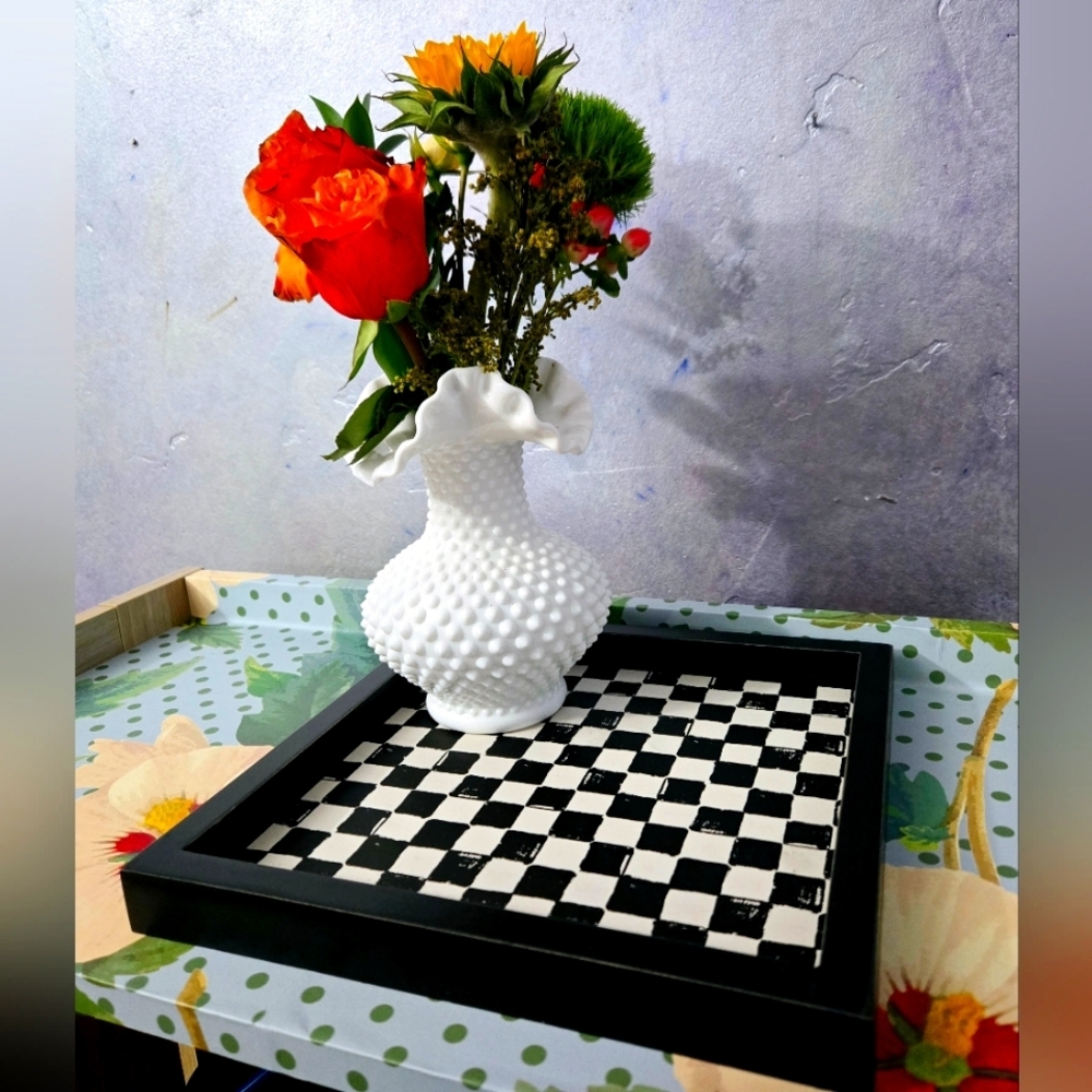 Black and White Checkered Wooden Decorative Tray